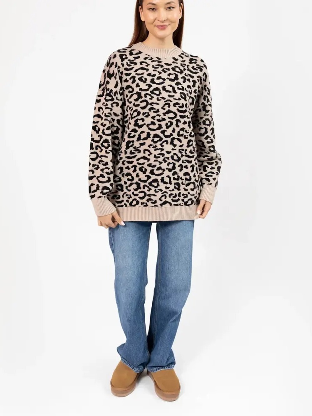 Smash + Tess Leopard Print Crewneck Sweater - Beige & Black
